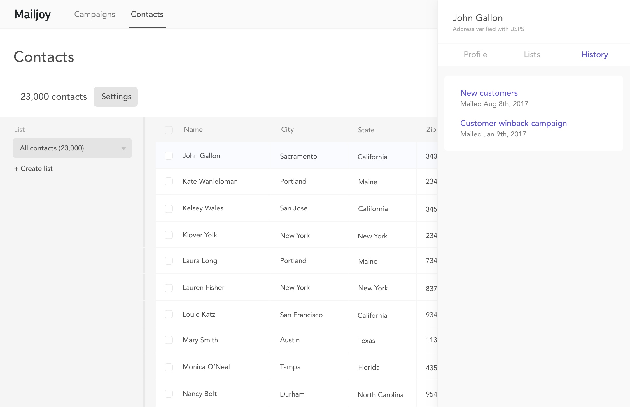 Manage your direct mail contacts and view mailing history